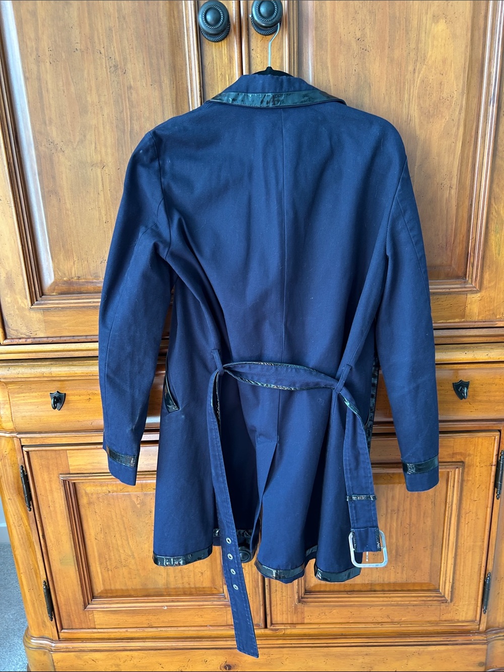 Tory Burch Navy Trench Coat with Black Trim and Multi-Colored Logo Buttons - Picture 6 of 7
